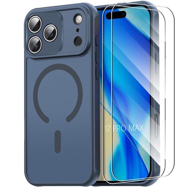 Skyddshölje - BOOLING - för iPhone 17 Pro Max - Magnetring - 2 Härdade Glas - Stötsäker marinblå