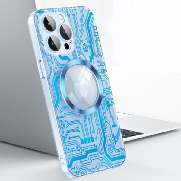 Skal för iPhone 15 Plus med magnetisk cirkel och kameraskydd i glas, halvtransparent hårt skal med blått kretsmönster