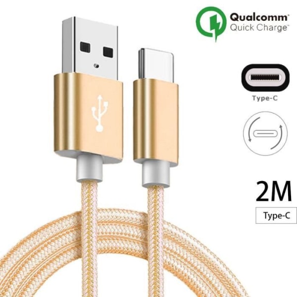 USB Typ C-kabel, 2M - Guldnylon