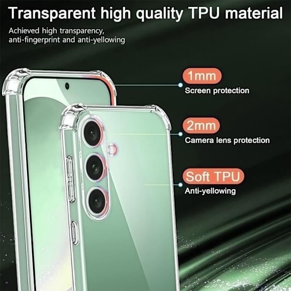 Fodral till Samsung Galaxy S24 FE (ej för S24) - Transparent stötsäkert silikonskydd + 2 härdade glasögon