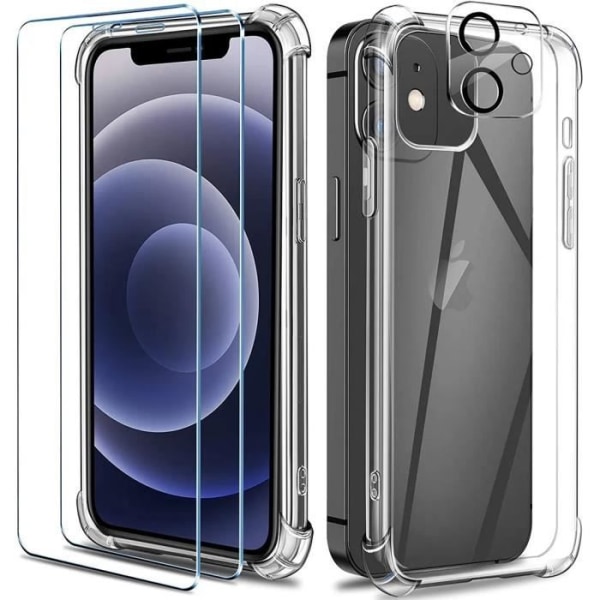 [Diweistore] iPhone 12-fodral Anti-drop TPU och [2-pack] skärmskydd i härdat glas + 2-pack härdat glas bakkameraskydd Hårdhet 9H Glas