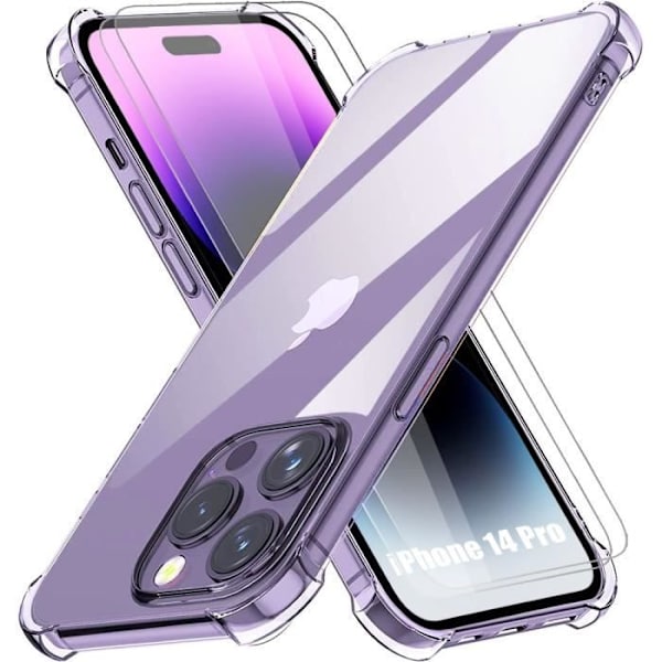 Silikonfodral för iPhone 14 Pro (6,1") Stötsäker Slim Transparent + 2 härdat glasskärm Transparent