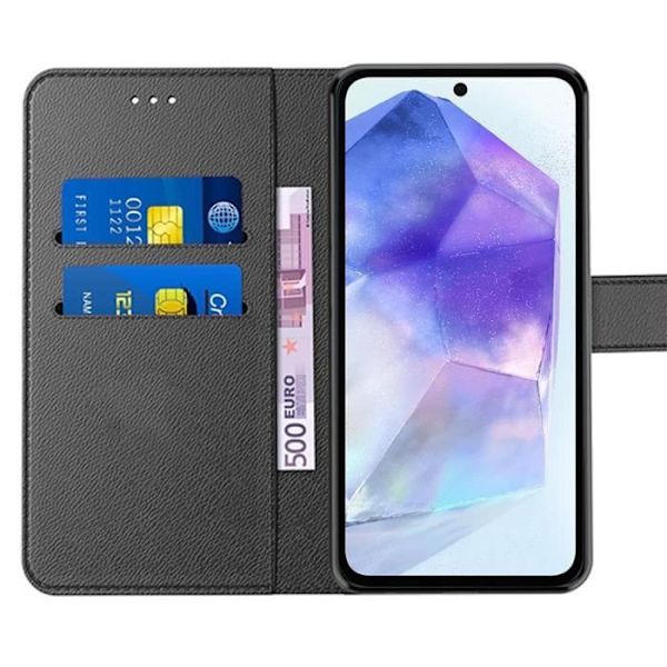Skyddande skal - Samsung - Galaxy A55 5G - PU-läder - Stötbeständig - Kortfack Svart