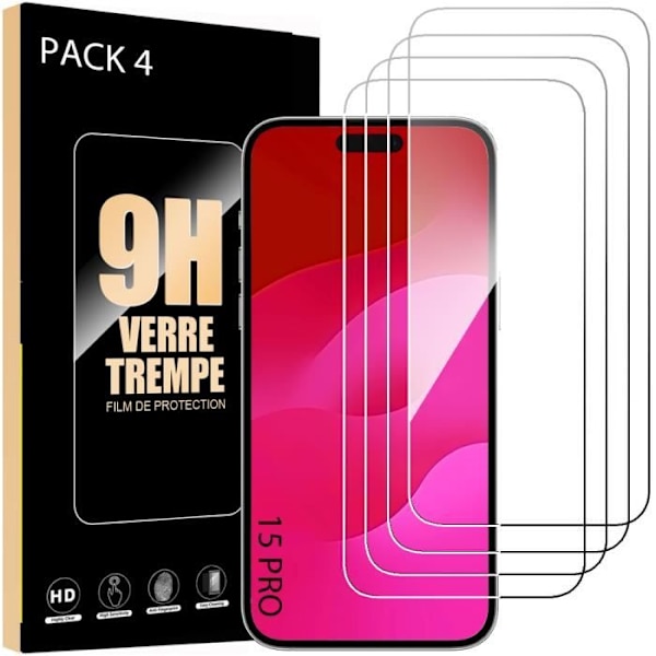 Pack med 4 Härdat glas - MÄRKE - iPhone 15 Pro - 9H skydd - Stötsäker - Repfritt Transparent
