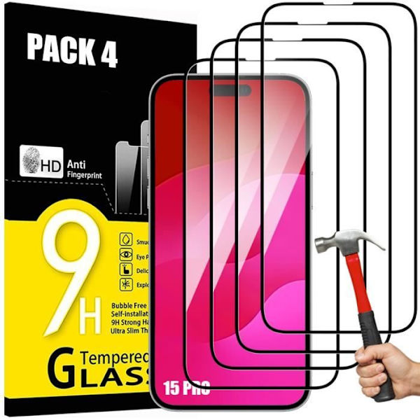 Pack-4 helt härdat glas för iPhone 15 Pro - Stötsäkert skärmskydd Transparent med svart kant