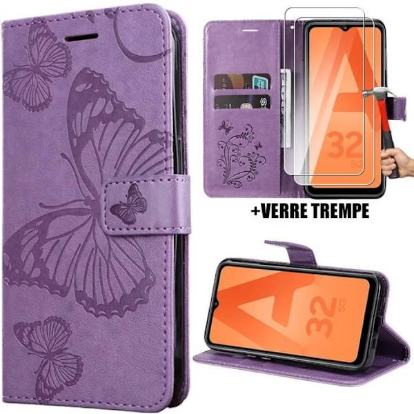 Fodral + 2 härdade glasögon för Samsung Galaxy A32 5G, skydd Stötsäker klaff Lila lädereffekt Elegant fjärilsmönster