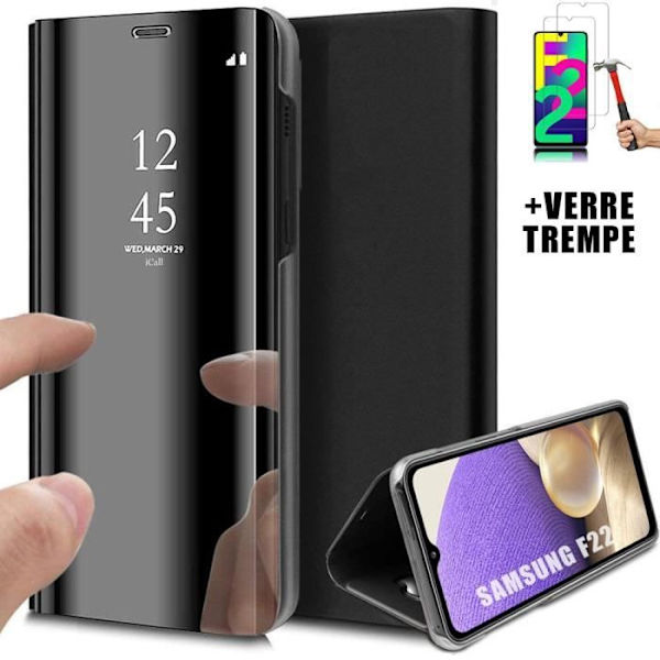 Fodral för Samsung F22 (6,4") + 2 härdade glasögon. Anti-Shock Fodral Spegeleffekt Design Fullt skydd Svart Svart