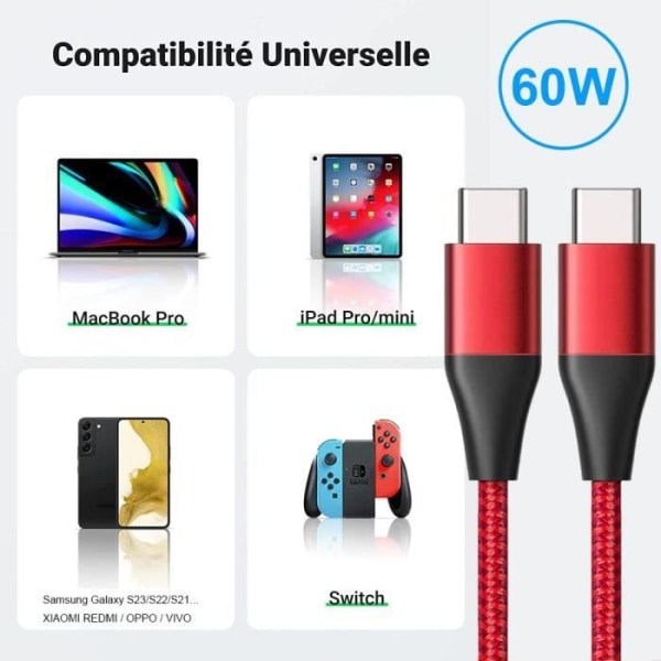 3 Hurtigt USB-C til USB-C-kabel til Xiaomi Redmi 13C, Redmi Note 13, Note 13 Pro 4G-5G, Note 13 Pro+ 5G - Forstærket Nylon 1M Rød Röd