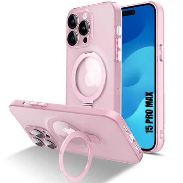 Fodral för iPhone 15 Pro Max, hårt stötsäkert skydd med magnetisk ringhållare och kameraskydd - halvtransparent rosa