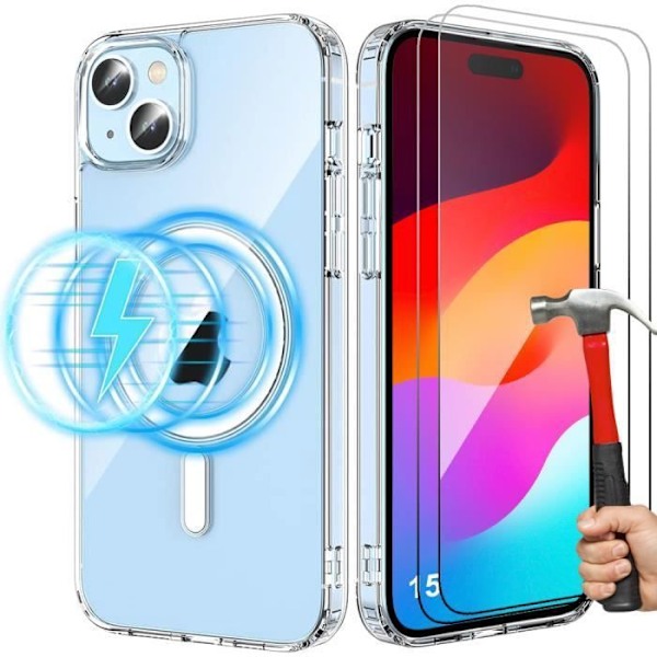Skyddande skal för iPhone 15 - BOOLING - Transparent - Hårdhud - 2 Härdat glas - Starka magneter Transparent