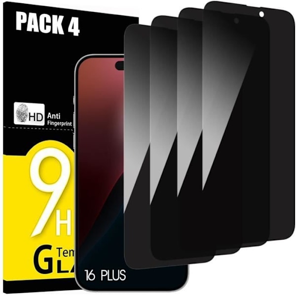 Skyddsglassfilm i härdat glas - Svart - iPhone 16 Plus - Paket om 4 - Rep-resistant - Anti-spion Svart