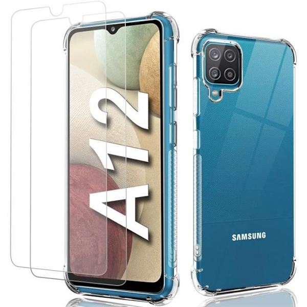 TELEFONFODRAL Fodral för Samsung A12,Samsung A12 Transparent Fodral + 2Pack härdat glas Skärmskyddsfilm, S193