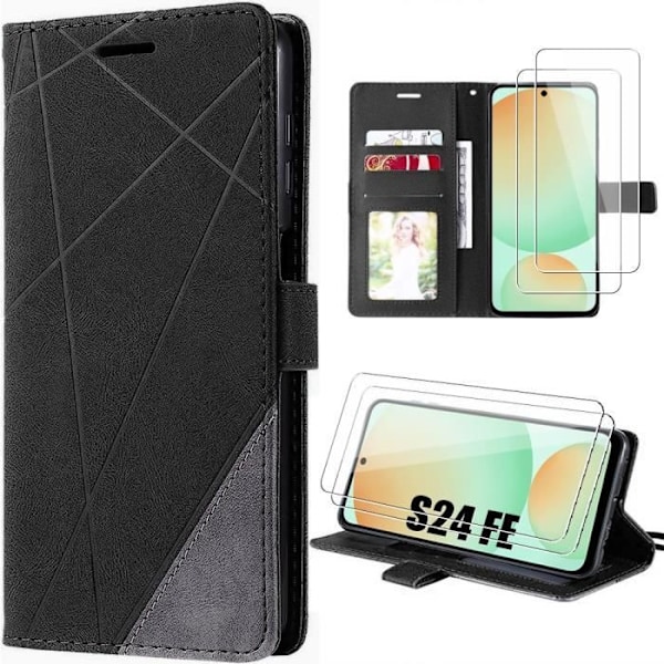 Fodral för Samsung Galaxy S24 FE (ej för S24) och 2 härdade glasögon, helt stötsäkert lädereffekt Svart
