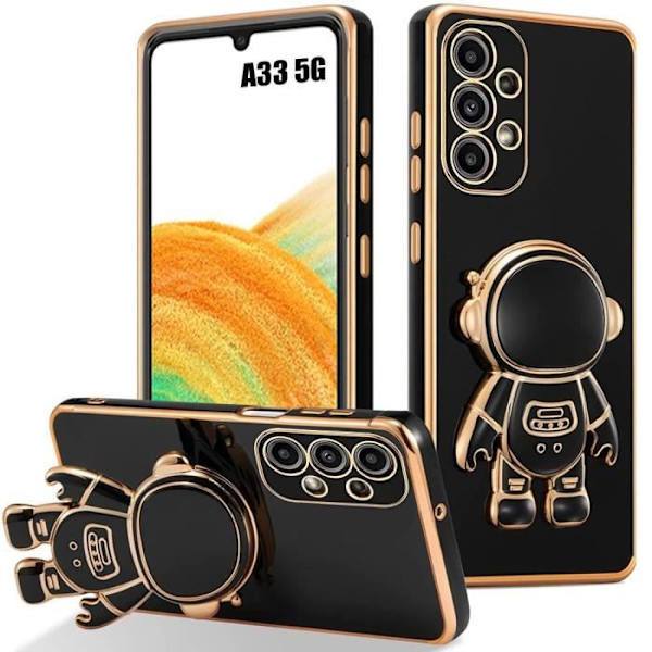 Fodral för Samsung Galaxy A33 5G, stötsäkert mjukt silikonskydd med stativ i astronautmönster - svart