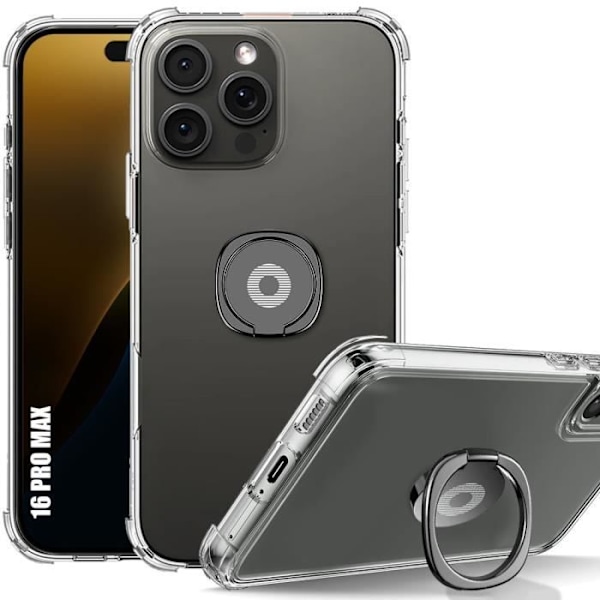 Fodral till iPhone 16 Pro Max, genomskinliga repförstärkta hörn med svart stativ