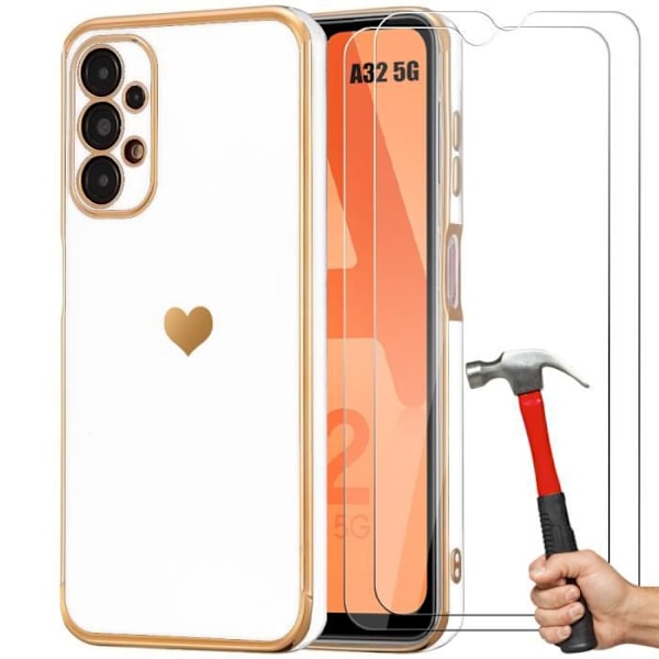 Fodral till Samsung Galaxy A32 5G Skyddande silikon vitt anti-skrapa hjärtamönster + 2 härdade glasögon