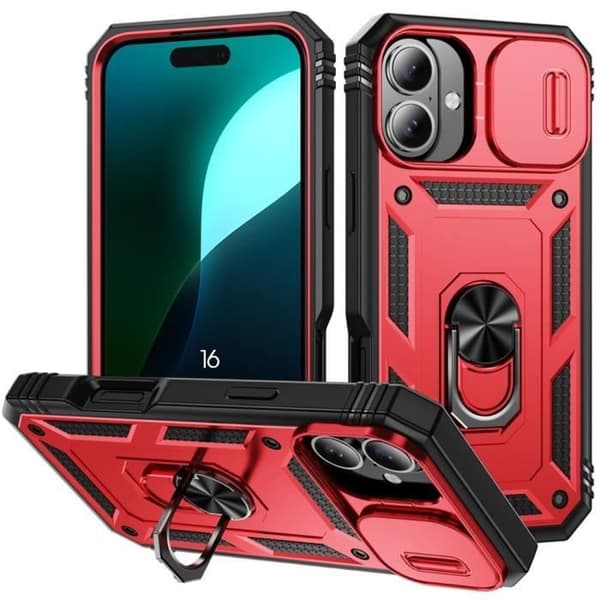 Skyddsskal - BOOLING - för iPhone 16 - Röd - Stöttålig - Ringstöd Röd