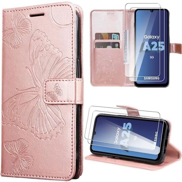Skyddsfodral - Samsung - Galaxy A25 5G - Rosa - Läderlook - Fjärilsdesign Rosa
