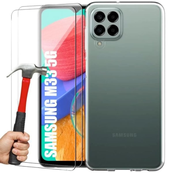 Skyddande skal - BOOLING - för Samsung M33 5G - Transparent silikon - Paket med 2 härdade glas - Stötresistent Transparent