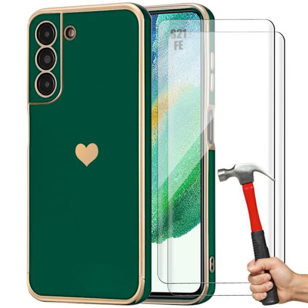 Fodral för Samsung Galaxy S21 FE Midnight Green Heart Pattern + 2 härdat glas Stötsäkert Anti-Scratch