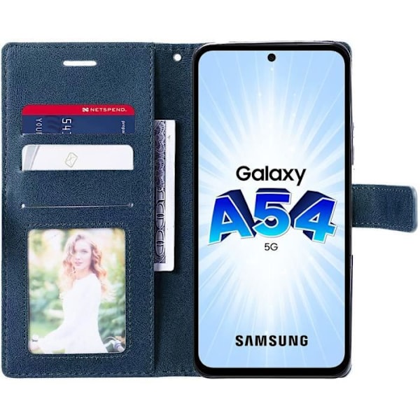 Samsung Galaxy A54 5G Fodral + 2 härdade glasögon - Marinblått syntetiskt läder