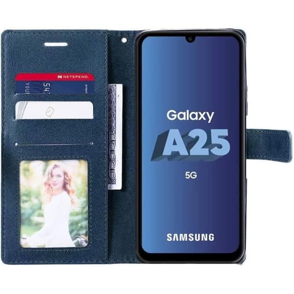 Skyddsskal - BOOLING - för Samsung Galaxy A25 5G - Läderlook - Stötresistent - Mörkblå marinblå