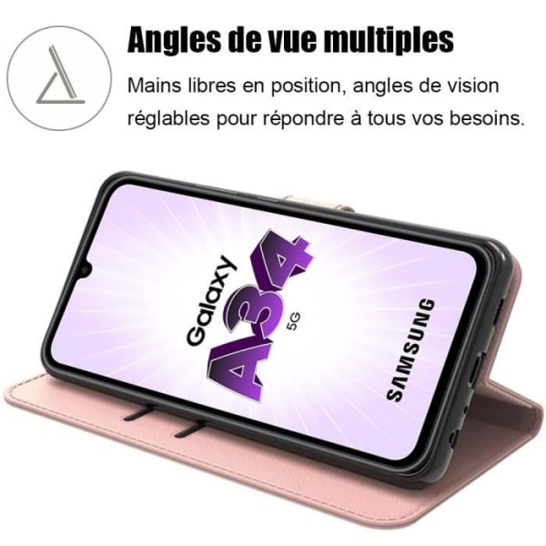 Skyddsfodral för Samsung Galaxy A34 5G - BOOLING - Rosa - Lädereffekt - Stötsäkert - 2 härdade glasögon Rosa