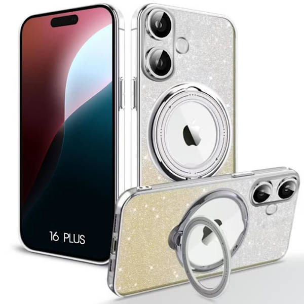 Skyddande skal - iPhone - 16 Plus - Mjukt silikon - Rotterande magnetisk ställning - Glittrande silver Silver