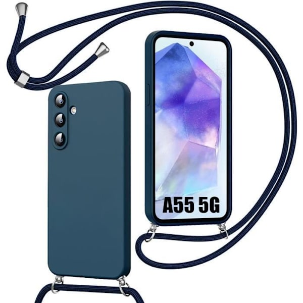 Halsbandsfodral för Samsung Galaxy A55 5G, stötsäkert skydd i mjuk silikon med justerbar snodd, marinblå