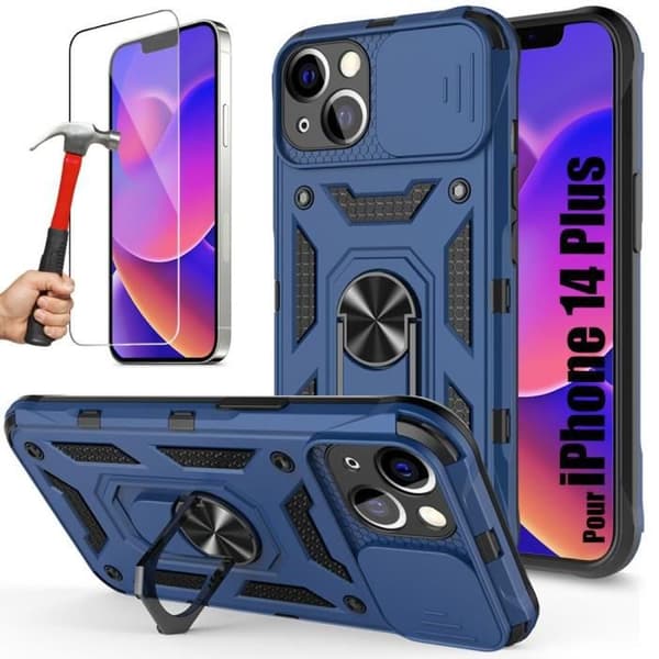 Coque - BOOLING - för iPhone 14 Plus - Ställning 360° - 2 Härdat Glas - Kameraskydd marinblå