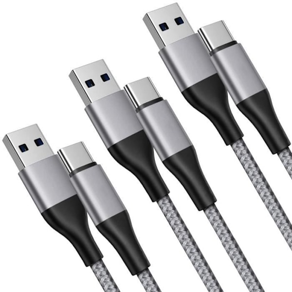 Lot-3 USB-C Kabel 1M Snabbladdning 3A för Samsung Galaxy A05s A15 A16 A25 A35 A55 A56 - Grå Nylonflätad Grå