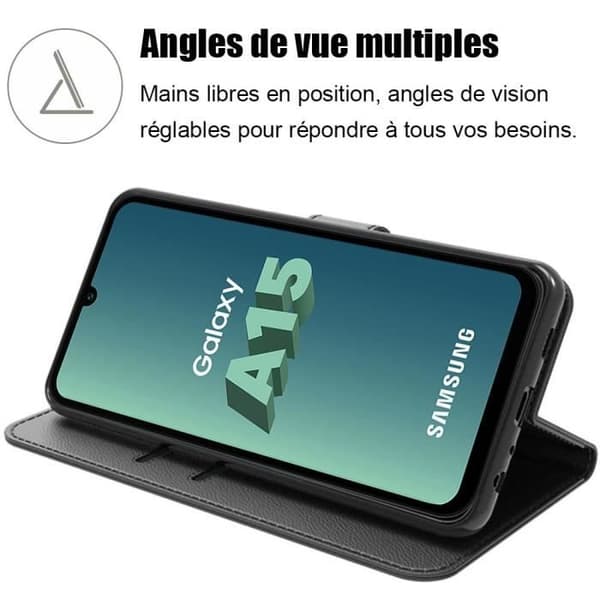 Coque coque flip - Booling - för Samsung Galaxy A15 5G - Lädereffekt - Stötsäker - Justerbart Stöd Svart