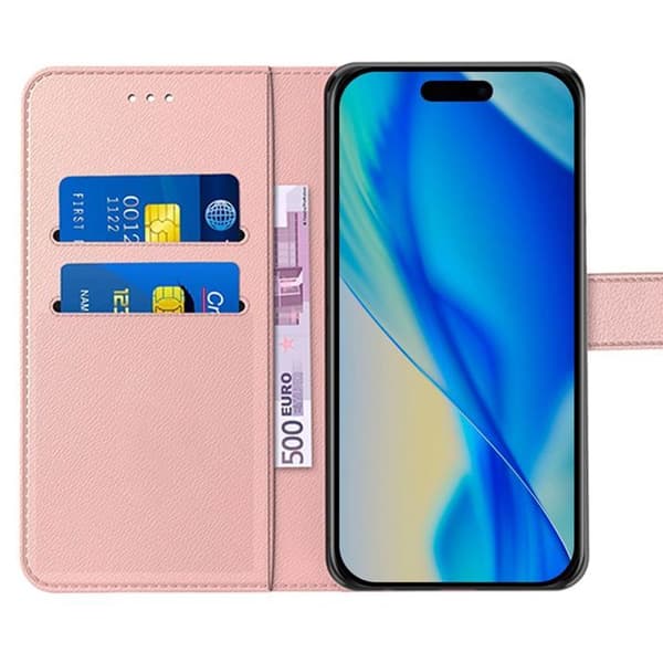 Skydd för iPhone 17 Pro Max - BOOLING - Antiscratch-flap, chockresistent syntetiskt läder i rosa - 2 härdade glas. Rosa