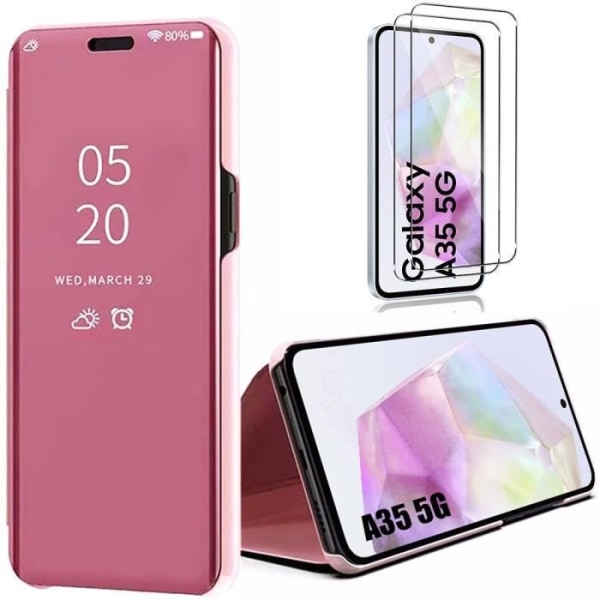 Fodral + 2 härdade glasögon för Samsung Galaxy A35 5G, flipskydd 360° stötsäker hård PC-spegeleffekt - rosa Rosa