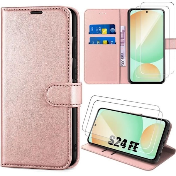 Fodral till Samsung Galaxy S24 FE (ej för S24) med 2 härdade glasögon, skydd mot repor i syntetiskt läder - rosa