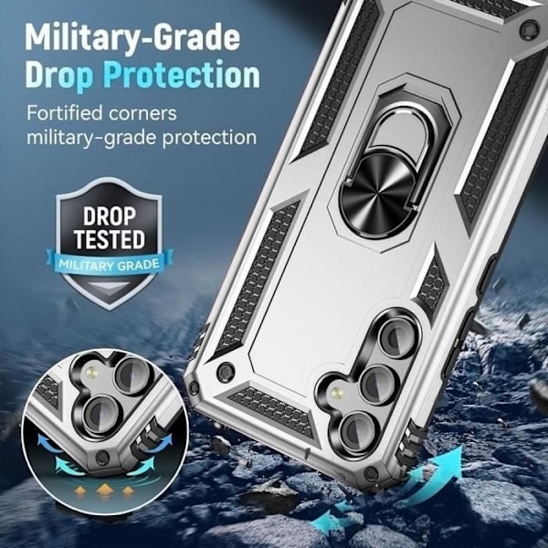 Skyddande skal - BOOLING - Samsung Galaxy A15/A15 5G - Silver - 360° roterande ställ - 2 härdade glas. Silver