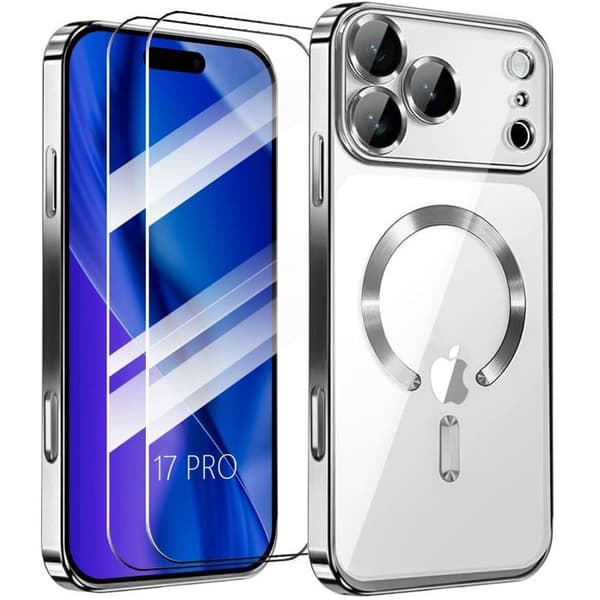 Skyddsfodral - BOOLING - för iPhone 17 Pro - med glänsande silverfärgad magnetring - 2 glas Silver