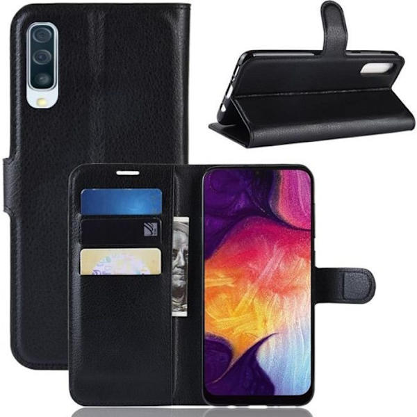Fodral Skal - Samsung - Galaxy A50 - Anti-chock - Vikbart ställ - Svart PU-läder Svart