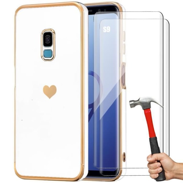 Silikonfodral till Samsung Galaxy S9 Stötsäkert vitt hjärtmönster + 2 skärmskydd i glas Vit
