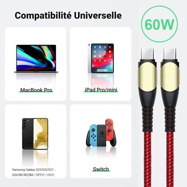3x 60W USB-C till USB-C-kabel för Samsung Xiaomi Redmi OPPO - Röd flätad nylon 1M Röd