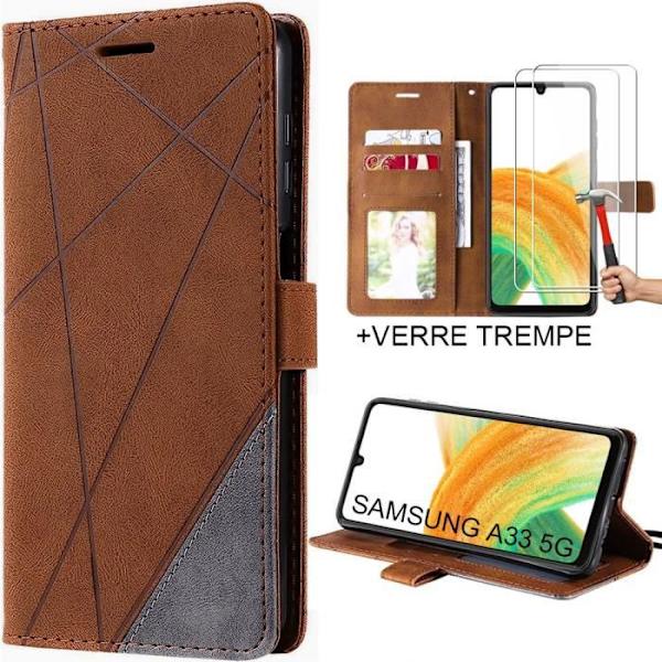 Coque för Samsung Galaxy A33 5G + 2 Härdade Glas - BOOLING - Helstötsäker Lädereffekt Brun kastanj