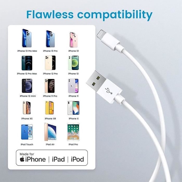 Lot-5 Laddarkabel 2 meter USB-kabel för iPhone 11-11Pro-11 Pro Max-12-12 Pro Max Vit