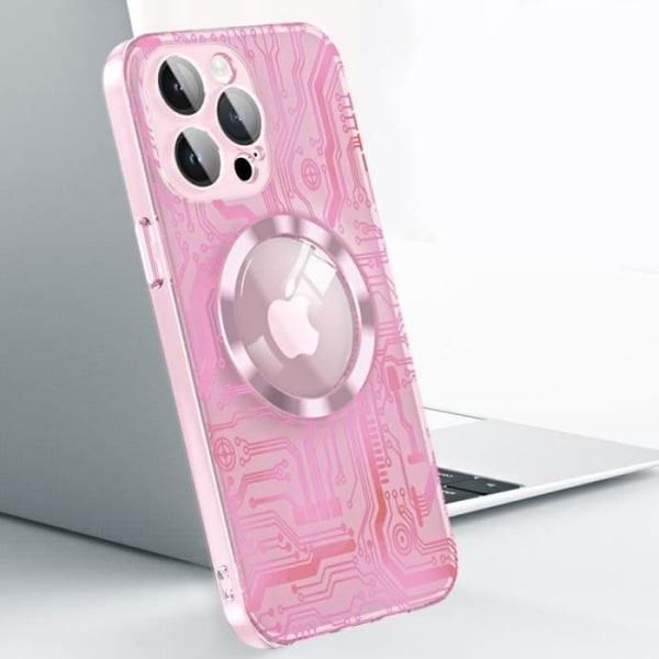 Cover til iPhone 15 Pro Max med magnetisk cirkel og kamerabeskyttelse, stødsikker, stiv gennemsigtig pink - trykt kredsløbsmønster