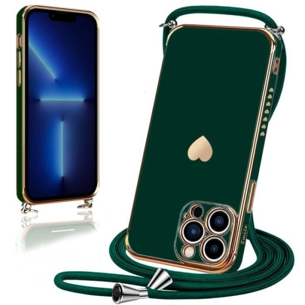 Dragsko för iPhone 13 Pro (6.1") Midnight Green Luxury TPU Hjärtmönster Stötsäkert Anti-Scratch Flexibel Midnattsgrönt