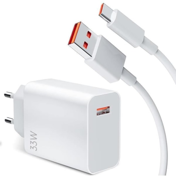 33W USB-snabbladdare + 6A USB-C-kabel för Redmi Note 8-8 Pro-8T, Note 9-9 Pro-9T, Note 10 4G-5G, Note 10 Pro Vit