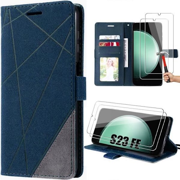 Fodral till Samsung Galaxy S23 FE - BOOLING - Stötsäkert Retro PU-läder - Marinblå - 2 härdade glasögon marinblå