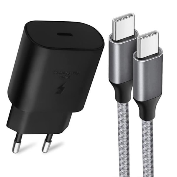 25W USB-C Laddare + Grå 1M USB-C till USB-C nylonkabel för SAMSUNG S22 5G-S22 ULTRA 5G-S21 FE 5G-S21-S21 PLUS-S20 FE-S20-OBS 20 grå