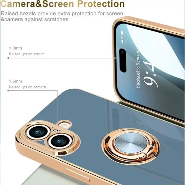 Silikonetui til iPhone 16, elegant anti-ridse stødsikker beskyttelse med ringholder - blå