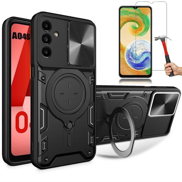 Fodral för Samsung Galaxy A04s Black Ring Support Skjutkameraskydd + 2 härdade glasögon