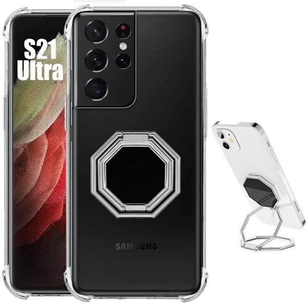 Fodral till Samsung Galaxy S21 Ultra - Smal stötsäker silikon med multi-vinkel rotationsstativ Silver transparent-silver